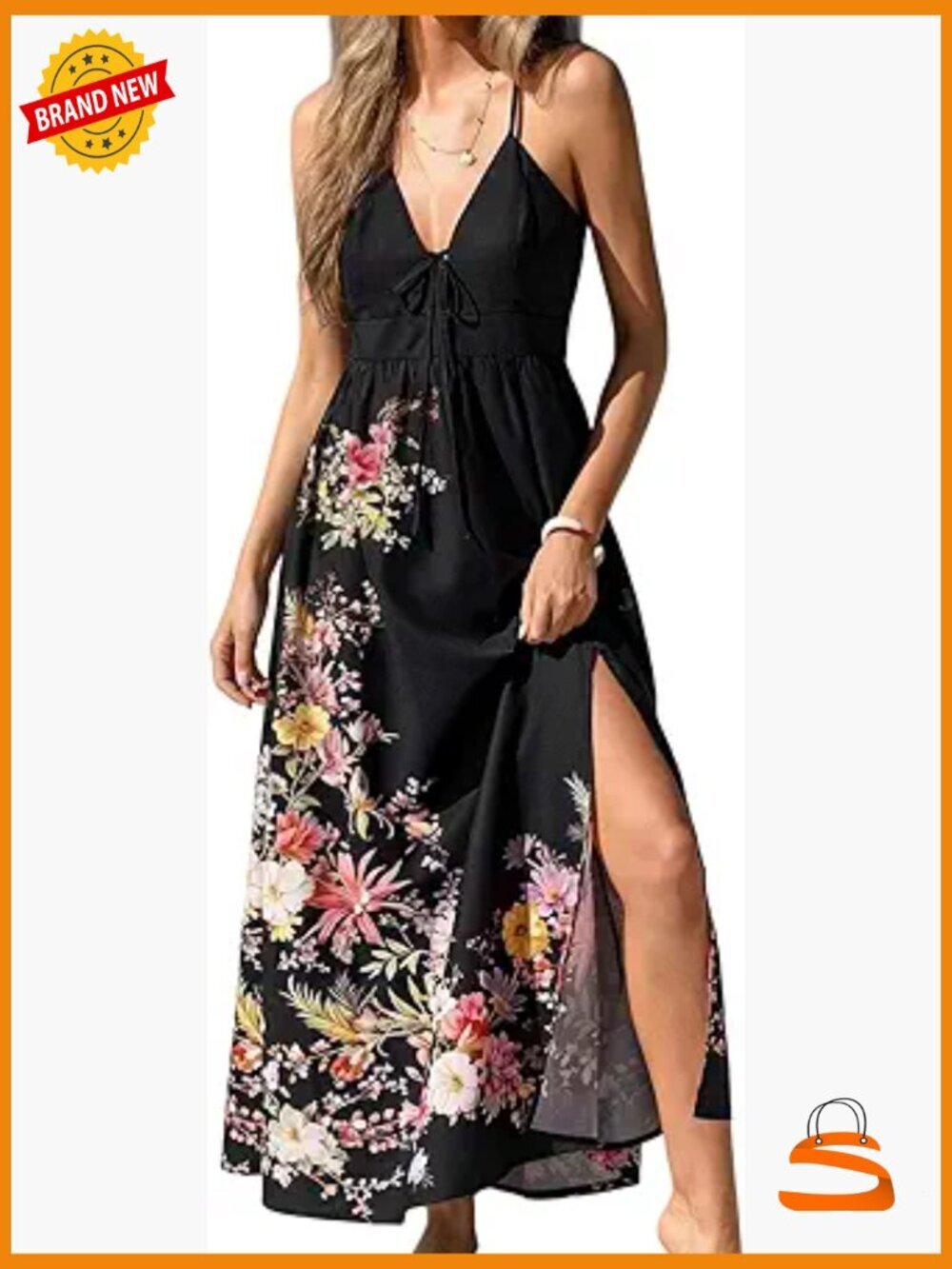 Women's Floral Maxi Dress Spaghetti Strap V-Neck Sleeveless A-Line Side Split